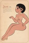  1girl 2025 bikini_tan black_eyes black_hair breasts calendar_(medium) closed_mouth full_body hand_on_own_hip high_heels highres invisible_chair jucika jucika_(comic) june looking_at_viewer medium_breasts navel newguy1091 nipples nude short_hair sitting smile solo tan tanlines toon_(style) 