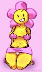 animate_inanimate battle_for_dream_island bikini bikini_top bottomwear braces clothing female flower_(anatomy) flower_(bfdi) freckles hands_behind_back happy humanoid knock-kneed miniskirt object_shows panties panty_shot petals sitting_on_knees skirt solo swimwear thick_thighs two-piece_swimsuit underwear yellow_body