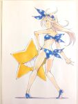  1girl ass back bandeau bare_arms bare_legs bare_shoulders bikini blonde_hair blue_bandeau blue_bikini blue_bow blue_eyes blue_hairband blue_shoes bow bow_hairband breasts closed_mouth commentary from_behind full_body grin hairband hand_on_own_hip heel_up high_heels highres kneepits long_hair median_furrow original peter_salt print_bandeau print_bikini print_hairband shoes side-tie_bikini_bottom small_breasts smile solo standing star_(symbol) star_print star_print_bikini strapless strapless_bikini swimsuit traditional_media w white_background 