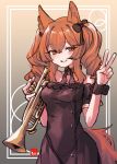  1girl ambience_synesthesia angelina_(ambience_synesthesia_2021)_(arknights) angelina_(arknights) animal_ears arknights black_bow black_choker black_dress black_wrist_cuffs blush_stickers border bow breasts choker commentary_request cowboy_shot dot_nose dress fox_ears fox_girl fox_tail gradient_background grey_background grin hair_bow highres holding holding_instrument holding_trumpet instrument medium_breasts off-shoulder_dress off_shoulder official_alternate_costume orange_eyes outside_border shima_(wideshi_ma) smile solo tail trumpet twintails v white_border wrist_cuffs 