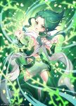  1girl 90kyuuri copyright_notice green_background green_eyes green_hair green_shoes green_shorts green_thighhighs high_heels looking_at_viewer medium_hair midoriko_(wixoss) multicolored_hair official_art open_mouth shoes shorts solo spiked_hair streaked_hair thighhighs wixoss 