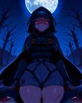  1girl absurdres axe bare_tree black_gloves black_hair black_shirt blood blood_on_clothes blood_on_face blood_on_leg blood_on_weapon blunt_bangs d_(nikke) empty_eyes full_moon gloves glowing glowing_eyes goddess_of_victory:_nikke grey_shorts hatchet_(axe) high-waist_shorts highres holding holding_weapon holster hood hooded_jacket jacket kogeikun long_coat looking_at_viewer moon night night_sky outdoors red_eyes shaded_face shirt shorts sky tactical_clothes tree weapon 