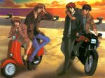  4boys absurdres black_hair black_jacket black_pants blue_eyes brown_hair brown_jacket cigarette concrete denim fujimiya_ran green_eyes hidaka_ken highres holding holding_cigarette jacket jeans kudou_youji long_hair long_sleeves magazine_scan motor_vehicle motorcycle multiple_boys non-web_source official_art on_motorcycle pants red_hair scan siblings sitting sunglasses sunset tsukiyono_omi weiss_kreuz wharf 