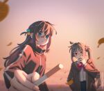  2girls ahoge artist_name autumn autumn_leaves bandaid bandaid_on_face bandaid_on_nose between_fingers blonde_hair blue_eyes blush bocchi_the_rock! bow bowtie braid breasts brown_jacket cigarette closed_mouth commentary cube_hair_ornament detached_ahoge english_commentary evening expressionless falling_leaves fingernails giving gotoh_hitori gradient_sky hair_between_eyes hair_ornament hand_up holding holding_cigarette ijichi_nijika jacket leaf long_hair long_sleeves looking_at_viewer motion_blur mouth_hold multiple_girls myvia_mokols one_side_up orange_sky outdoors pink_hair pink_jacket pink_track_suit polka_dot polka_dot_bow polka_dot_bowtie pov red_bow red_eyes school_uniform shimokitazawa_high_school_uniform shirt side_ahoge side_ponytail side_ponytail_with_braided_base skirt sky smoking track_jacket track_suit white_shirt 