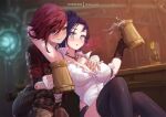  2girls :d :o alcohol alternate_costume arcane:_league_of_legends arm_up artist_name bandaged_arm bandages bangs beer beer_mug blurry blurry_background blush bottle breasts brown_pants caitlyn_(league_of_legends) character_name cleavage closed_mouth collarbone commentary cup dress_shirt indoors jacket jewelry large_breasts league_of_legends looking_at_another mitsu_(mitsu_art) mug multiple_girls necklace open_mouth pants red_hair red_jacket shirt short_hair shorts sitting skindentation smile striped striped_pants thighhighs vi_(league_of_legends) white_shirt yuri 