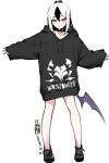  1girl black_choker black_hair black_hoodie black_horns black_shoes blue_archive bright_pupils choker closed_mouth dated drawstring full_body hair_between_eyes highres hood hoodie horns kayoko_(blue_archive) looking_at_viewer multicolored_hair outstretched_arms purple_wings red_eyes shoes simple_background single_wing sleeves_past_wrists smile sneakers solo spread_arms standing tsuki_tokage two-tone_hair white_background white_hair white_pupils wings 