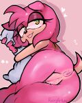 absurd_res amy_rose anthro anus bodily_fluids butt claws eulipotyphlan fangs female genital_fluids genitals green_eyes hedgehog hi_res looking_back mammal nude nude_female pillow pink_body roseyartsya sega solo sonic_the_hedgehog_(series) tail tan_body tan_skin teardrop tears teeth tongue tongue_out vaginal_fluids vulva
