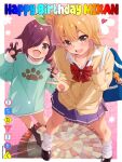  2girls animal_hands aqua_sweater bag bag_charm blue_skirt brown_eyes charm_(object) chuutaro_metal collared_shirt copyright_name drawn_heart fangs finger_claws floral_background from_above full_body green_hair_ornament green_ribbon gyaru hair_between_eyes hair_bun hair_over_one_eye happy_birthday hinatsuki_mikan holding holding_bag legs_apart loafers long_hair looking_at_viewer loose_socks machikado_mazoku miniskirt multiple_girls open_mouth orange_hair paw_print paw_print_pattern pink_background pink_eyes pinstripe_ribbon pleated_skirt print_shirt purple_hair rainbow_text red_ribbon ribbon school_bag shirt shoes single_side_bun skirt socks sweater swept_bangs teeth ugallu_(machikado_mazoku) upper_teeth_only v white_shirt white_socks yellow_sweater 