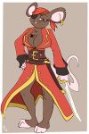 2019 2:3 anthro big_breasts biped breast_tattoo breasts brown_body cleavage clothed clothing coat ear_piercing ear_ring eye_patch eyebrows eyewear female front_view fuf half-closed_eyes hand_on_hip hand_on_own_hip headgear headkerchief headwear hi_res holding_melee_weapon holding_object holding_sword holding_weapon kerchief looking_at_viewer mammal melee_weapon mouse murid murine narrowed_eyes notched_ear piercing pirate red_clothing ring_piercing rodent simple_background solo standing sword tattoo topwear weapon