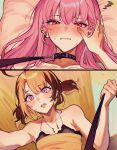  2girls absurdres amlichan blonde_hair blush breasts brown_hair collar commentary english_commentary gigi_murin hand_on_another&#039;s_face highres holding holding_leash hololive hololive_english instant_loss leash long_hair lying mori_calliope multicolored_hair multiple_girls on_back open_mouth pink_eyes pink_hair small_breasts squiggle sweat twintails two-tone_hair virtual_youtuber yuri 