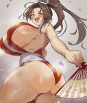  1girl absurdres alternate_breast_size_(larger) ass bare_legs bare_shoulders blush breasts brown_eyes brown_hair butt_crack fatal_fury folding_fan hand_fan highres holding holding_fan huge_breasts japanese_clothes kimono large_breasts long_hair looking_at_viewer motoyui naughty_face ninja no_bra obi open_mouth outstretched_arm parted_bangs petals ponytail sash sato_one1 shiny_skin shiranui_mai sideboob simple_background smile the_king_of_fighters thick_thighs thighs tongue tongue_out white_sash 