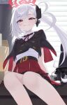  1girl absurdres arm_support belt black_belt blue_archive breasts commentary gangjeong hair_ornament halo highres long_hair looking_at_viewer mutsuki_(blue_archive) red_eyes red_halo red_skirt shirt side_ponytail sitting skirt small_breasts smile solo white_hair white_shirt 