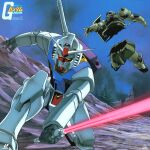  1980s_(style) absurdres battle building cable damaged destruction duel earth_federation_space_forces energy_sword gundam highres laserdisc_cover logo machinery mecha mecha_focus mobile_suit mobile_suit_gundam no_humans one-eyed pine_tree retro_artstyle robot rx-78-2_gundam sano_hirotoshi scan scene_reference science_fiction severed_torso shield smoke space_habitat sword title traditional_media tree v-fin weapon yellow_eyes zaku_ii zeon 