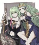  2girls absurdres bangs bare_shoulders blunt_bangs breasts byleth_(fire_emblem) byleth_(fire_emblem)_(female) commentary_request eyebrows_visible_through_hair fire_emblem fire_emblem:_three_houses green_eyes green_hair hair_between_eyes highres hug long_hair looking_at_viewer medium_breasts multiple_girls nanao_parakeet navel pantyhose pointy_ears sothis_(fire_emblem) sword weapon 