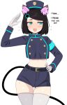  1girl absurdres animal_ear_fluff animal_ears aqua_eyes ass_visible_through_thighs belt black_hair borrowed_character buttons cable cable_tail cat_ears cat_girl contrapposto cosplay cowboy_shot crop_top double-breasted electric_plug electric_plug_tail english_text gloves hair_ornament hairclip hand_on_own_hip haqu_(suweeka) hat highres looking_to_the_side mechanical_tail meme midriff navel nozomi_(blue_archive) nozomi_(blue_archive)_(cosplay) open_mouth original peps_art salute short_hair short_shorts shorts simple_background smile solo straight-on swept_bangs tail thigh_gap thighhighs uohhhhhhhhh!_(meme) white_background white_gloves white_thighhighs 