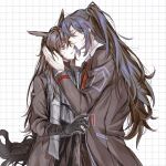  2boys absurdres animal_ears armor black_coat black_eyes black_gloves black_hair black_pants black_robe black_tail blue_hair closed_eyes coat collared_shirt gloves grid_background hair_between_eyes head_hug head_on_head head_rest heishou_pack-wu_branch_(identity)_(project_moon) highres hong_lu_(project_moon) horse_boy horse_ears horse_tail hug limbus_company long_hair long_sleeves multiple_boys necktie one_eye_closed pants parted_lips project_moon red_necktie robe shirt stole tail tears tears_from_one_eye very_long_hair white_shirt xiaorourose yi_sang_(project_moon) 