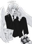  1boy androgynous angel_devil_(chainsaw_man) angel_wings bag black_necktie black_suit burger chainsaw_man collared_shirt food greyscale hair_between_eyes halo holding holding_burger holding_food imminent_bite invisible_floor looking_to_the_side male_focus medium_hair monochrome necktie open_mouth paper_bag shirt shoes simple_background sitting sneakers solo suit white_background wings yamada_(onigori105) 