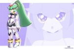  1girl amazon_pandora axasempai black_bodysuit bodysuit breasts clothing_cutout cosplay detached_sleeves drop_shadow full_body green_hair highres kid_icarus kid_icarus_uprising leotard mega_man_(series) mega_man_zx name_connection navel_cutout pandora_(kid_icarus) pandora_(kid_icarus)_(cosplay) pandora_(mega_man) projected_inset red_eyes robot_girl solo standing 