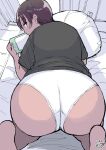  1girl absurdres ass barefoot black_shirt dated hadashi_no_kenji handheld_game_console highres indoors looking_back on_bed original panties pillow plump shirt solo t-shirt tan tomboy underwear white_panties 