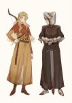  2girls armor armored_gloves belt blonde_hair blood blood_on_face blood_on_feet blood_on_weapon blue_eyes bow_(weapon) brown_hair cape closed_mouth dress full_body gauntlets genderswap genderswap_(mtf) hand_on_own_hip hans_capon henry_of_skalitz highres hounskull kingdom_come:_deliverance kingdom_come:_deliverance_ii long_hair looking_at_another multiple_girls red_cape short_hair smile sword two-handed_sword tworain_w weapon yellow_dress 