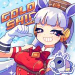  1girl animal_ears armband blunt_bangs blush bow bowtie breasts brown_hat creature_and_personification dress ear_bow gloves gold_ship_(racehorse) gold_ship_(red_strife)_(umamusume) gold_ship_(umamusume) grey_hair hat highres horse horse_ears horse_girl kitnoko large_breasts long_hair looking_at_viewer mask medium_breasts open_mouth personification pillbox_hat pointing pointing_at_self purple_bow purple_eyes red_armband red_bow red_bowtie red_dress sleeveless sleeveless_dress smile star_(symbol) striped_armband striped_clothes teeth umamusume upper_body white_armband white_gloves 