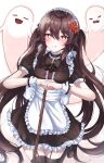  1girl :q absurdres alternate_costume apron bangs black_legwear brown_hair commentary enmaided eyebrows_visible_through_hair flower garter_straps genshin_impact ghost hair_between_eyes hair_flower hair_ornament highres hu_tao_(genshin_impact) huge_filesize long_hair looking_at_viewer maid maid_apron maid_headdress orange_eyes ryunbi sidelocks smile symbol-shaped_pupils thighhighs tongue tongue_out twintails white_background zettai_ryouiki 