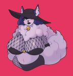 2025 anthro bell big_breasts black_lipstick blue_hair breasts clothed clothed_anthro clothed_female clothing digital_drawing_(artwork) digital_media_(artwork) ear_piercing felid feline female female_anthro fishnet_clothing fishnet_topwear fluffy fluffy_tail front_view furgonomic_hat furgonomic_headwear furgonomics hair half-length_portrait heart_nose heart_symbol hi_res jingle_bell lips lipstick makeup mammal navel neck_tuft piercing portrait red_background serina_(tie_tyee) simple_background solo tail topwear trapagon_(artist) tuft