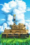  1girl animal_ears blonde_hair blue_sky caterpillar_tracks cloud grass green_eyes ground_vehicle hans_(pixiv_37537768) highres meadow military military_vehicle motor_vehicle original scenery short_hair signature skirt sky solo tail tank tiger_ears tiger_girl tiger_i tiger_tail 