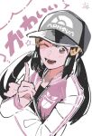  1girl ;d baseball_cap black_hair black_shirt blush brown_eyes commentary_request dawn_(pokemon) eyelashes gen_1_pokemon gengar grey_headwear hair_ornament hairclip hat index_finger_raised jacket long_hair long_sleeves omyo_(myomyomyo22) one_eye_closed open_mouth pokemon pokemon_(game) pokemon_bdsp shirt sidelocks signature smile solo star_(symbol) teeth tongue two-tone_jacket white_background white_jacket 