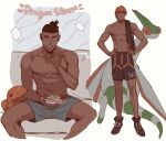  1boy abs black_hair boxers couch dark-skinned_male dark_skin eating flygon gen_3_pokemon gym_leader hands_on_hips holding knees male_focus male_underwear multiple_views number open_mouth pokemon pokemon_(creature) pokemon_(game) pokemon_swsh raihan_(pokemon) rioru_(rioru_v_v) shirtless shoes short_hair shorts sitting spread_legs standing teeth trapinch undercut underwear 