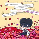  1boy @_@ black_hair black_shirt coat collared_shirt commentary double-parted_bangs english_commentary english_text full_body hair_between_eyes heart heart-shaped_hat highres kim_dokja kimidori_22 male_focus motion_lines omniscient_reader's_viewpoint open_clothes open_coat running shirt short_hair solo too_many too_many_hearts white_coat 