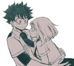  1boy 1girl accidental_touch blush boku_no_hero_academia couple hetero highres hug imminent_hug midoriya_izuku necktie school_uniform tabetai_omochi u.a._school_uniform uraraka_ochako waist_hug 