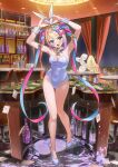  1girl :d absurdres animal_ear_hairband animal_ears armpits arms_up balloon blonde_hair blue_eyes blue_hair blue_leotard blue_shoes bottle breasts bucket card ceiling ceiling_light champagne_bottle chouzetsusaikawa_tenshi-chan chouzetsusaikawa_tenshi-chan_(playboy_bunny) cleavage counter cup curtains detached_collar fake_animal_ears full_body hairband heart heart_hands high_heels highres indoors large_breasts leotard long_hair looking_at_viewer multicolored_hair needy_girl_overdose official_art oici_ne open_mouth pink_hair playboy_bunny playing_card poker_chip poker_table rabbit_ear_hairband rabbit_ears second-party_source shoes smile solo spill standing standing_on_one_leg strapless strapless_leotard table v_arms very_long_hair window wrist_cuffs 