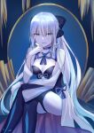  1girl bangs black_bow black_dress black_legwear blue_choker blue_eyes blue_neckwear blue_ribbon bow braid breasts choker cleavage commentary_request crossed_legs dress eyebrows_visible_through_hair fate/grand_order fate_(series) french_braid hair_between_eyes hair_bow hand_on_own_chin hand_on_own_face highres long_hair looking_at_viewer medium_breasts morgan_le_fay_(fate) neck_ribbon pale_skin parted_lips ponytail ribbon sidelocks signature sii_artatm silver_hair sitting smile solo teeth thighhighs throne two-tone_dress very_long_hair white_dress wide_sleeves 