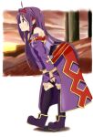 1girl ahoge armor bangs bare_shoulders bent_over boots breastplate detached_sleeves eyebrows_visible_through_hair fingerless_gloves from_side gloves hairband hands_on_own_knees long_hair pointy_ears pupupu_(usamisenpai) purple_hair red_hairband solo standing sword_art_online thigh_boots thighhighs very_long_hair yuuki_(sao) 