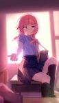  1girl backlighting blue_eyes braid commentary_request desk kaf_(kamitsubaki_studio) kamitsubaki_studio low_twin_braids on_desk pink_hair reaching reaching_towards_viewer school_uniform sitting skirt solo twilight twin_braids usagi_(usagiusgi628) virtual_youtuber yellow_pupils 