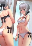  1girl artoria_pendragon_(fate) artoria_pendragon_(swimsuit_archer)_(fate) artoria_pendragon_(swimsuit_archer)_(fate)_(cosplay) ass back_bow bangs bare_arms bare_shoulders besmiled bikini black_bow black_ribbon blush bow braid breasts cleavage closed_mouth cosplay cowboy_shot embarrassed eyebrows_visible_through_hair fate/grand_order fate_(series) frown gray_(fate) green_eyes hair_bow hair_ribbon hand_on_own_arm highres indoors lord_el-melloi_ii_case_files mirror navel reflection ribbon short_hair side-tie_bikini silver_hair smile solo stomach swimsuit v-shaped_eyebrows white_bikini 