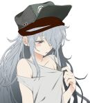  1girl blush_stickers brown_eyes clothes_pull collarbone commentary_request flat_chest g11_(girls&#039;_frontline) girls&#039;_frontline grey_hair hair_over_one_eye hat highres long_hair looking_down open_mouth ripod shirt_pull shirt_tug solo tank_top upper_body very_long_hair white_background 