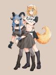  2girls absurdres animal_ear_piercing animal_ears arknights bang_dream! bang_dream!_it's_mygo!!!!! black_boots black_dress black_gloves black_pantyhose black_skirt blonde_hair blue_hair boots breasts brown_background chinese_commentary closed_mouth commentary_request dog_ears dog_girl dog_tail dress dry_humping gloves grabbing_another's_horns highres humping long_hair maid maid_headdress medium_breasts misumi_uika misumi_uika_(caged_singer) multiple_girls navel open_mouth pale_laomo pantyhose purple_eyes short_hair simple_background single_glove skirt stomach sweatdrop tail togawa_sakiko togawa_sakiko_(master_of_melodia) yellow_eyes yuri 