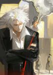  1boy bird black_jacket classicaloid closed_eyes closed_mouth collared_shirt crossed_arms explosion highres jacket long_sleeves ludwig_van_beethoven_(classicaloid) male_focus octahooves power_lines shirt short_hair smoke solo tree upper_body white_hair 