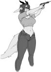 2025 5_fingers anthro biped bottomwear breasts chabett clothed clothed_anthro clothed_female clothing digital_drawing_(artwork) digital_media_(artwork) dragon female fingers front_view fully_clothed fully_clothed_anthro fully_clothed_female fur gun hair hi_res holding_gun holding_object holding_ranged_weapon holding_weapon horn mythological_creature mythological_scalie mythology navel panties pants pgm300 ranged_weapon scalie shirt solo standing tail topwear underwear weapon