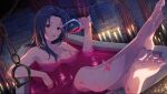 1girl :p acaa arm_rest bathing bathtub blue_hair breasts brick_wall candle chain crossed_ankles cuffs cup drinking_glass feet forehead head_tilt idolmaster looking_at_viewer medium_breasts miura_azusa nude red_eyes ripples shackles solo tongue tongue_out wine_glass 