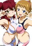  2girls :d absurdres arm_up armpits ass bare_shoulders bike_shorts blue_eyes breast_press breasts brown_hair butt_crack cleavage closed_mouth collarbone commentary_request covered_collarbone cowboy_shot crop_top earrings freckles groin gundam gundam_00 gundam_build_fighters gundam_build_fighters_try hair_between_eyes hair_ornament hair_scrunchie highres hoshino_fumina in-franchise_crossover jewelry light_blush long_hair looking_at_viewer medium_breasts medium_hair moeshino multiple_girls navel nena_trinity open_mouth paid_reward_available pink_scrunchie pink_shorts pink_sports_bra ponytail red_hair scrunchie shirt shorts sidelocks simple_background sleeveless sleeveless_shirt smile sports_bra standing stomach stud_earrings symmetrical_docking thighhighs twitter_username two-tone_sports_bra two_side_up v v_over_eye white_background white_shirt white_shorts white_sports_bra white_thighhighs yellow_eyes 