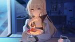  1girl :o absurdres bangs bianka_durandal_ataegina blonde_hair blue_eyes breasts cake cake_slice candle candlelight casual cleavage cup earrings food hair_between_eyes highres holding holding_plate holding_spoon honkai_(series) honkai_impact_3rd indoors jacket jewelry kitchen liumang_tu_shua_p_zhan long_hair long_sleeves looking_at_viewer moonlight night night_sky official_art open_mouth plate ponytail rita_rossweisse sitting sky spoon table tea teacup third-party_source white_jacket 