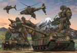  6+others absurdres aircraft armored_vehicle caterpillar_tracks cloud commentary_request evening ground_vehicle gun hat helicopter highres holding holding_weapon kidou_keisatsu_patlabor machine_gun mecha mikeran_(mikelan) military military_uniform military_vehicle motor_vehicle mount_fuji mountain multiple_others sky tank type_74 uniform walker weapon 