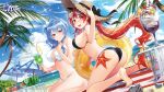  2girls alternate_costume ass azur_lane beach_umbrella bikini black_bikini black_ribbon blue_hair breasts center_opening chachie cup eyewear_on_head food fruit hair_ornament hat highres holding holding_cup honolulu_(azur_lane) honolulu_(summer_accident?!)_(azur_lane) ice_cream large_breasts long_hair looking_at_viewer melon multiple_girls official_alternate_costume open_mouth outdoors palm_tree red_eyes red_hair ribbon side_ponytail st._louis_(azur_lane) star_(symbol) star_hair_ornament starfish straw_hat sunglasses swimsuit tree umbrella very_long_hair white_bikini 