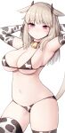  1girl animal_ears animal_print armpits arms_up bangs bell blush breasts choker closed_mouth cow_print elbow_gloves eyebrows_visible_through_hair final_fantasy final_fantasy_xiv gloves heterochromia large_breasts light_brown_hair medium_hair miqo&#039;te navel neck_bell pink_eyes purple_eyes red_choker rot_lapin sideboob simple_background solo standing tail thighhighs thighs underboob white_background 