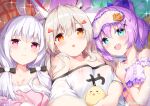  3girls :d ayanami_(azur_lane) azur_lane bangs bed_sheet bird blue_eyes bow breasts chick cleavage commentary_request covered_nipples crown eye_mask eyebrows_visible_through_hair hair_between_eyes hair_bow hair_ribbon headgear highres javelin_(azur_lane) javelin_(operation:_pillow_fight!)_(azur_lane) laffey_(azur_lane) laffey_(beginning_and_end_of_cleaning)_(azur_lane) long_hair looking_at_viewer low_twintails lying manjuu_(azur_lane) mini_crown multiple_girls open_mouth orange_eyes pajamas parted_lips pillow ponytail purple_eyes purple_hair ribbon selfie sidelocks silver_hair sironora smile sparkle twintails twitter_username underboob white_hair 