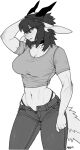 2025 5_fingers anthro biped bottomwear breasts chabett clothed clothed_anthro clothed_female clothing digital_drawing_(artwork) digital_media_(artwork) dragon female fingers front_view fully_clothed fully_clothed_anthro fully_clothed_female fur hair hi_res horn looking_at_viewer monochrome mythological_creature mythological_scalie mythology navel panties pants pgm300 scalie shirt solo standing tail topwear underwear