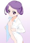  1girl bangs blush breasts closed_mouth collarbone collared_shirt cowboy_shot dokidoki!_precure dress_shirt eyelashes from_side fuchi_(nightmare) highres kenzaki_makoto naked_shirt open_clothes open_shirt precure purple_eyes purple_hair shiny shiny_skin shirt short_hair small_breasts smile solo standing swept_bangs white_background white_shirt wing_collar 